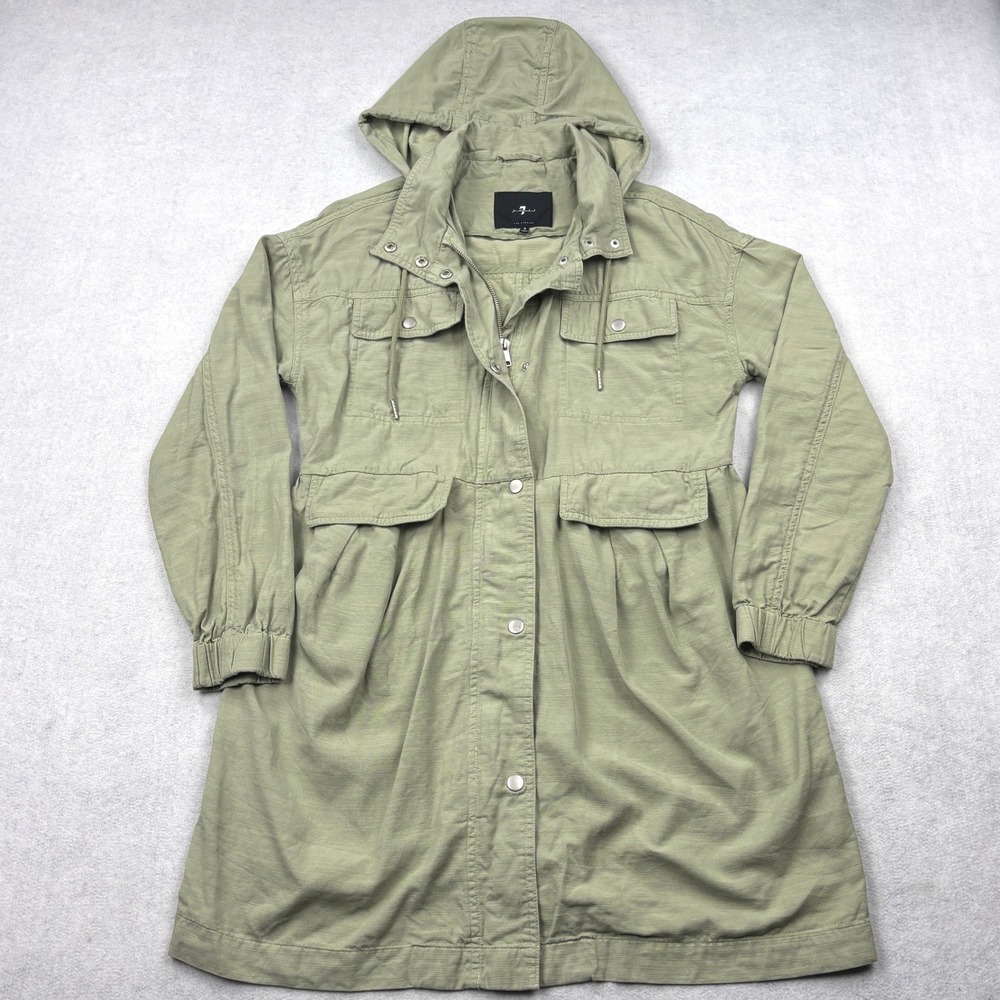 7 For All Mankind Jacket Womens Small Green Hooded Utility Anorak Parka Coat S